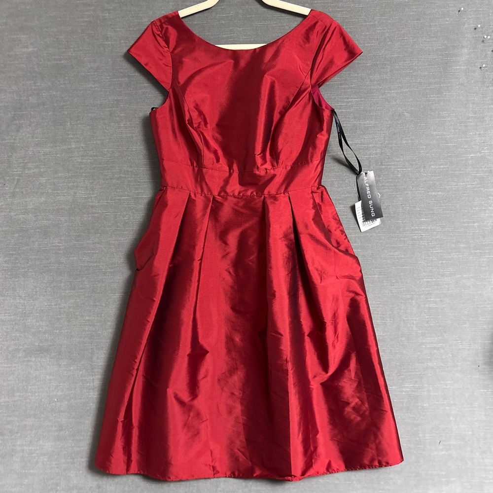 NEW‎ Alfred Sung Dress 10 Red Garnet Satin Pleated Cocktail Evening Glam Retro